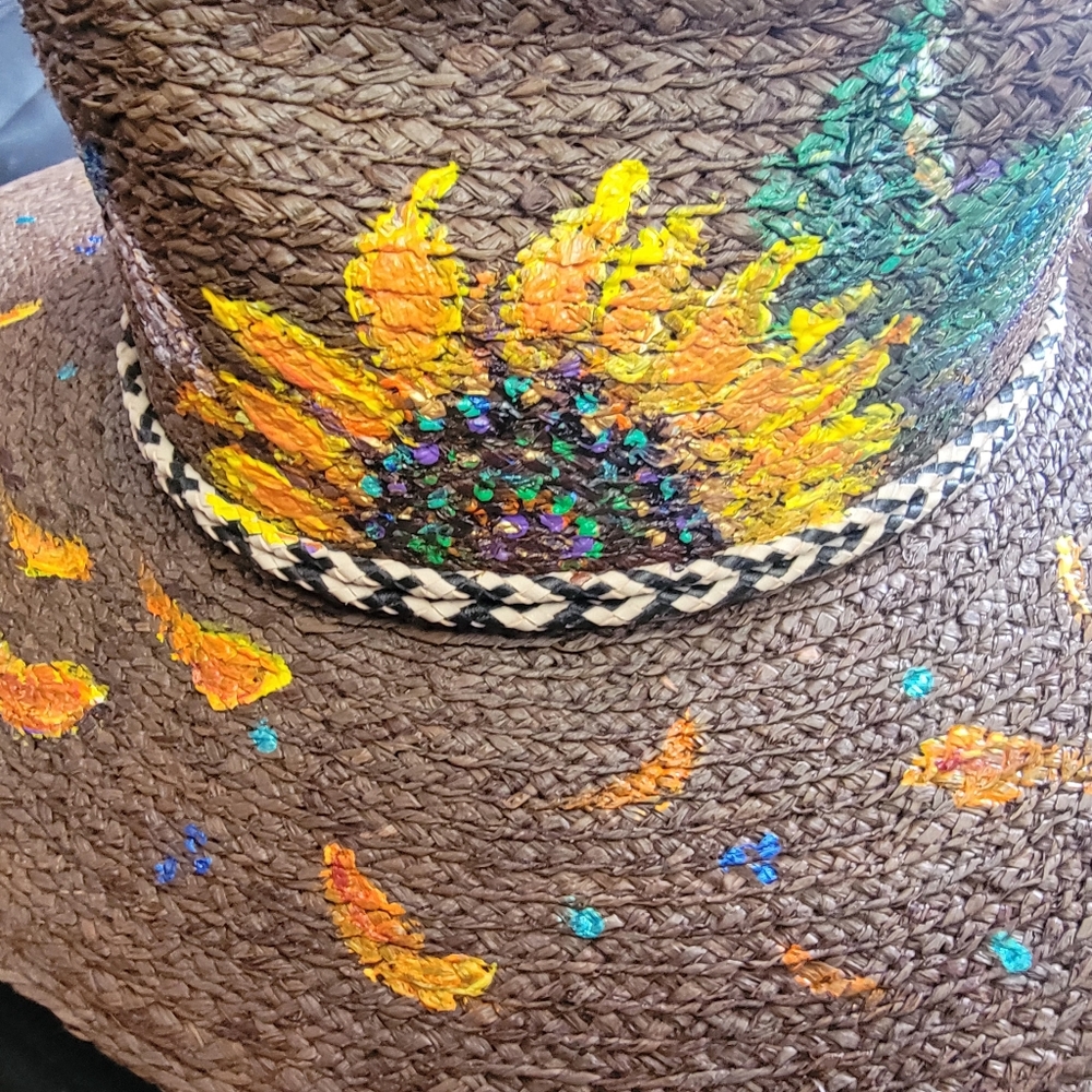 Brown Straw Hat with Hand Painted Sunflower Design